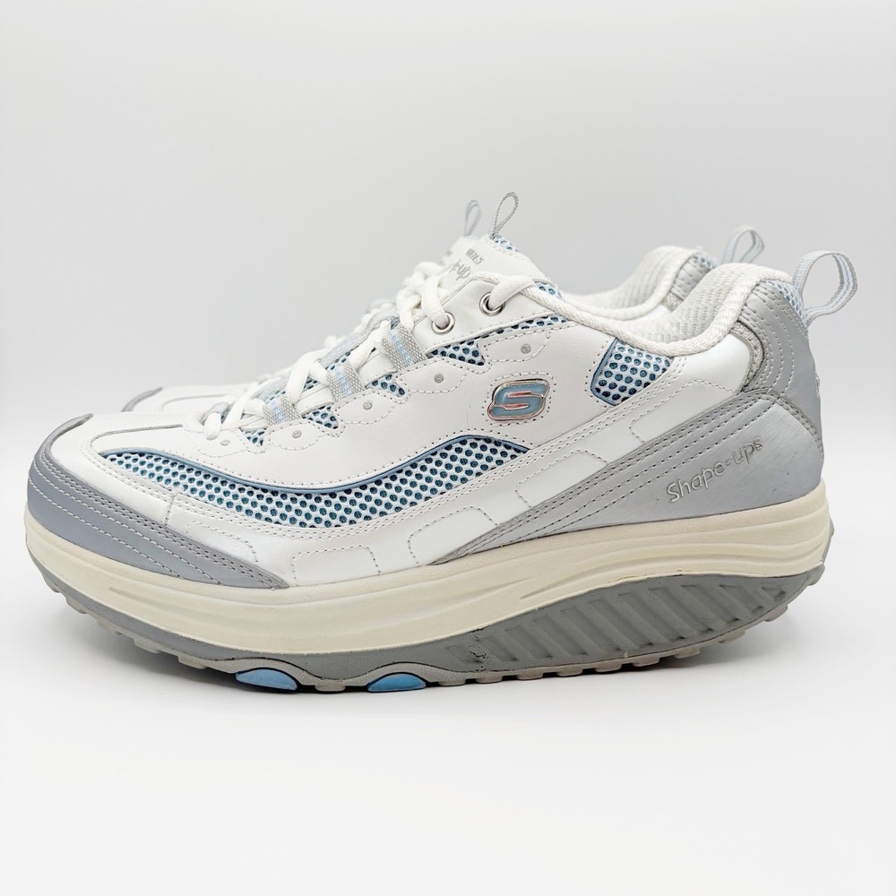 Skechers SHAPE-UPS METABOLIZE Women's 10 White Blue Leather Rocker Sole Sneakers